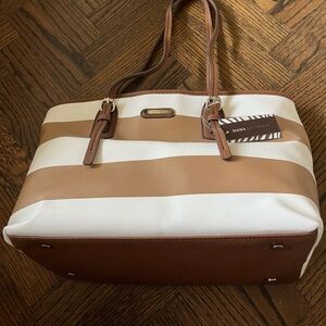 Dana Buchman White and Tan Striped Tote Bag